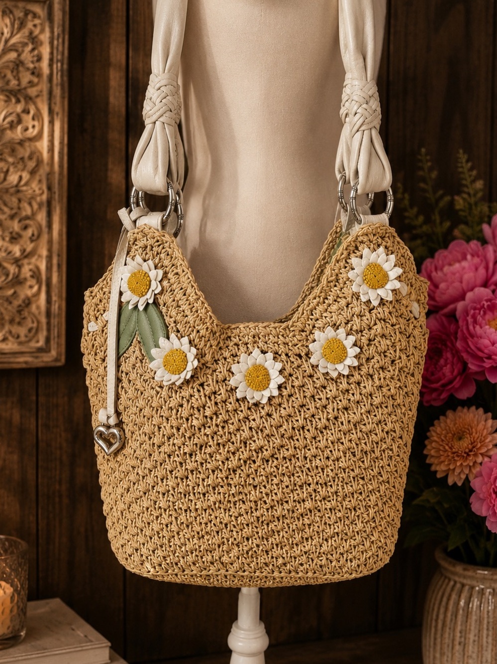 Brighton Madagascar Daisy Raffia Straw Shoulder Bag Purse Floral Details